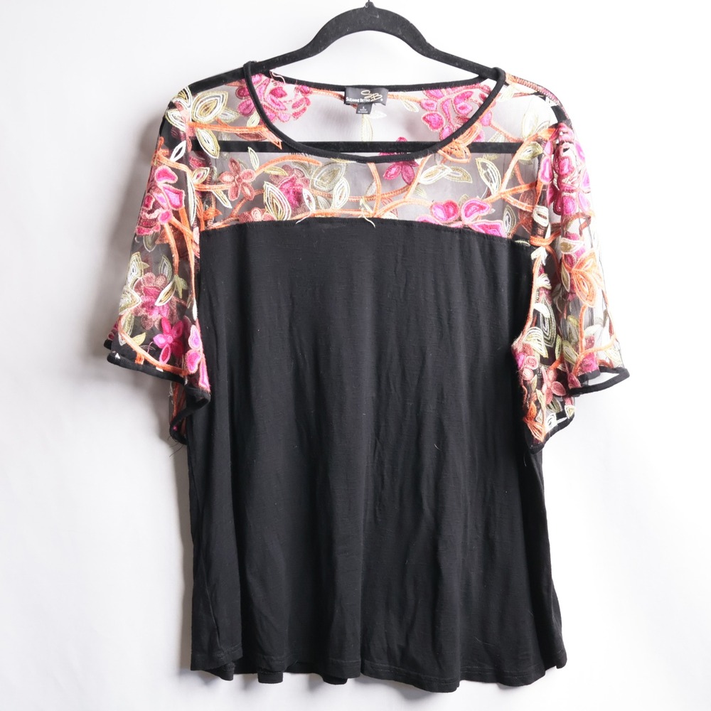 Suzanne Betro Black Floral Embroidered Mesh Sheer Sleeve Top L Whimsigoth Office
